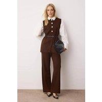 WOVCOR Women's Gold Button Belt Detail Knit Top & Wide Leg Trouser Co-Ord Set in Brown | Size: Medium