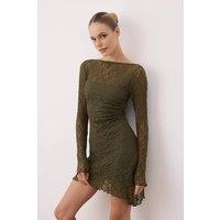WOVCOR Women's Long Sleeve Asymmetrical Lace Mini Knit Dress with Back Detail in Khaki | Size: Medium