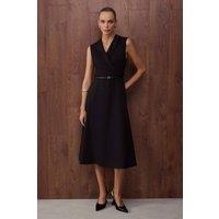 WOVCOR Women's Belt Detail Sleeveless Midi Woven Dress with Wrap Front in Black | Size: 6