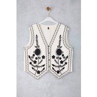 WOVCOR Women's Floral Embroidered Button-Up Vest in White | Size: 12