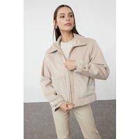 WOVCOR Women's Plain Zip Through Collared Wool Look Casual Jacket in Taupe | Size: Large
