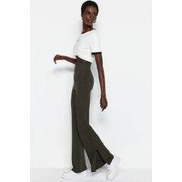 WOVCOR Women's High Waist Split Hem Flared Knit Trousers in Khaki | Size: Medium