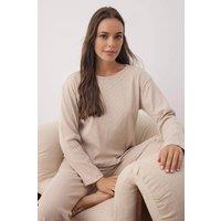 WOVCOR Women's Soft Touch Long Sleeve Pyjama Top & Wide Leg Trouser Set in Beige | Size: Medium