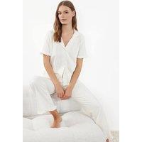 WOVCOR Women's Ruffle Detail Short Sleeve Pyjama Set in Ecru | Size: Small