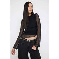WOVCOR Women's Shawl Print Boat Neck Asymmetric Detail Fitted Long Sleeve Mesh Blouse in Black | Size: Large
