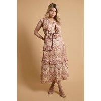 Oasis Women's Stud Trim Frill Tiered Midaxi Dress in Orange | Size: 12