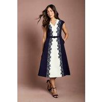 Coast Women's Lace Trim Colour Block Belted Midi Dress in Navy | Size: 8