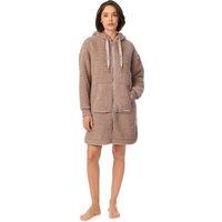 DKNY Women's 91.5cm Long Sleeve Hooded Zip Robe in City Stone Sherpa in Tan | Size: Small