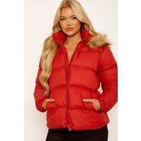 STYLEWISE Women's Faux Fur Trim Hood - Padded - Puffer Jacket in Red | Size: Medium