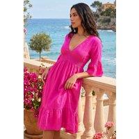 Roman Women's Linen Look Shirred Midi Dress in Fuchsia | Size: 18