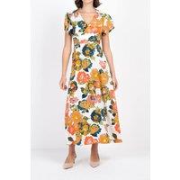 Kettlewell Women's Floral Print Tie Back Midi Dress in Tangerine | Size: 10