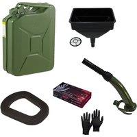 Pegdev 20L Heavy Duty Jerry Can with Funnel Metal Spout Replacement Seal & Nitrile Gloves UN Certified in Dark Green