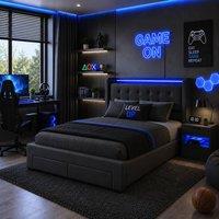Harmin Luxury Grey 4ft6 Double Ottoman Bed with LED light, USB & Plug Socket