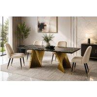 Stratus Interiors Ravello Black & Cream Marble Dining Table with Gold Pedestal Base | Size: 180 cm x 90 cm