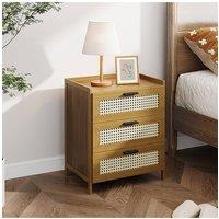Living and Home 3-Drawer Narrow Bamboo Bedside Table with Plastic Rattan Details in Brown