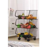 Living and Home Fruit Vegetable Storage Basket Rack 3 Tier Stackable Metal Wire Storage Baskets on Wheels in Black