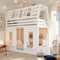 Matteo Children's House Bunk Bed - 90x190cm, LED, Storage Stairs, White | Size: Single