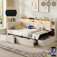 Matteo Modern Linen Single LED Daybed with Storage & Charging Station in Beige