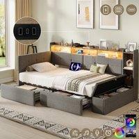 Matteo 3ft Single LED Daybed with Storage Drawers & Ottoman, Linen, Grey