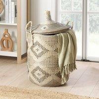 Wyld and Coco Handwoven Earthy Raw Seagrass Basket with Lid Natural Boho