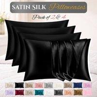 Grace Satin Silk Pillow Cases Pack of 4 Super Soft Smooth Pillow Covers in Black | Size: Standard Pillow Case