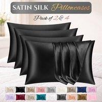 Grace Satin Silk Pillow Cases Pack of 4 Super Soft Smooth Pillow Covers in Midnight | Size: Standard Pillow Case