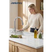 JANLEMNY Chrome Pull Out Kitchen Tap, Single Handle Mixer Tap 2 Modes in Metallic Silver | Size: 1000mm x 400mm