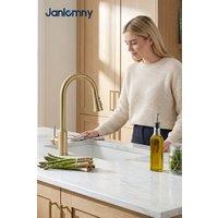 JANLEMNY Brushed Gold Pull Out Kitchen Mixer Tap, High Arch Sink Tap 3 Modes | Size: 1000mm x 400mm
