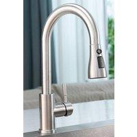 JANLEMNY Brushed Steel Kitchen Mixer Tap with 3-Function Pull-Out Spray in Silver