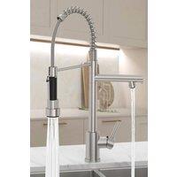 JANLEMNY Brushed Stainless Steel Dual Spout Pull-Down Kitchen Mixer Tap in Silver | Size: 1000mm x 400mm