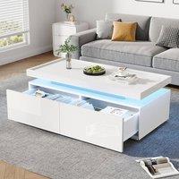 Merax White High Gloss LED Coffee Table with Tray Tabletop & 2 Drawers