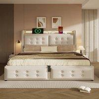 Merax 4ft6 Double Upholstered Linen Storage Bed with LED, Charging Ports in Beige