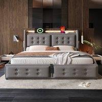 Merax 4ft6 Double Upholstered Linen Storage Bed with LED, Charging Ports in Grey