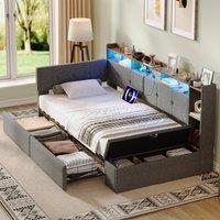Merax 3ft Single Corner Daybed with Ottoman, LED & Charging Station in Grey