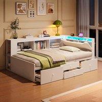 Merax 3ft Single Cabin Bed with LED, Linen Headboard, Charging Station in White