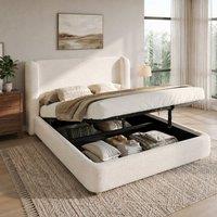 Merax Cream White Boucl 5FT King Size Ottoman Bed with Wingback Headboard in Beige
