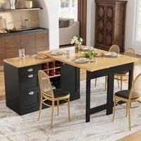 Merax Kitchen Island Sideboard with Extendable Dining Table, Wine Rack in Black