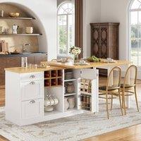 Merax Kitchen Island Sideboard with Extendable Dining Table, Wine Rack in White