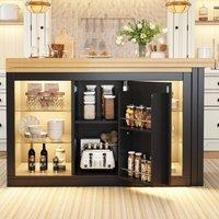 Merax Extendable Kitchen Island with Dining Table, LED Lights & Storage in Black