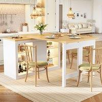 Merax Extendable Kitchen Island with Dining Table, LED Lights & Storage in White