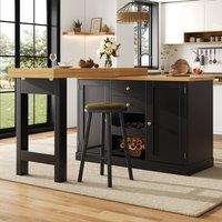 Merax Extendable Kitchen Island Sideboard with Dining Table & Wine Rack in Black