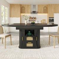 Merax Extendable Round To Oval Wooden Dining Table with 2 Rattan Drawers in Black