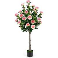 Costway Artificial Camellia Tree Faux Flower Greenery Plant in Green