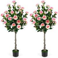 Costway Artificial Camellia Tree Set of 2 Maintenance-Free Potted Floral Tree in Green