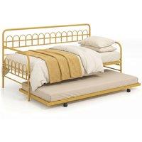 Costway Single Daybed with Trundle Metal Sofa Bed w/Curved Backrest in Gold