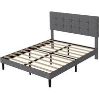 VOGREX Grey Tufted Linen Double Bed Frame Wooden Slat Headboard