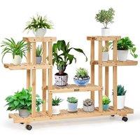 VOGREX 4-Tier Wooden Plant Stand with Wheels & 8 Shelves in Natural