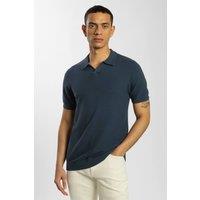 Steel & Jelly Men's Honeycomb Textured Open Collar Knitted Polo Shirt in Navy | Size: Medium
