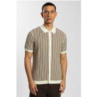 Steel & Jelly Men's Tonal Stripe Knitted Button Polo Shirt in Light Brown | Size: Medium