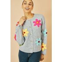 Yumi Women's Grey Knitted Flower Applique Cardigan | Size: Small